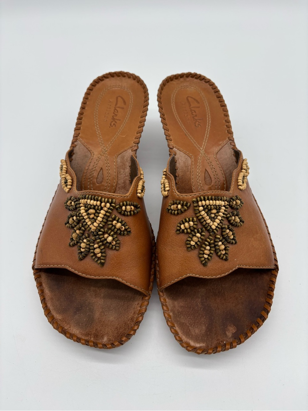 Clarks Artisan Empress Brown Beaded Leather Slide Sandals Womens 7.5 M